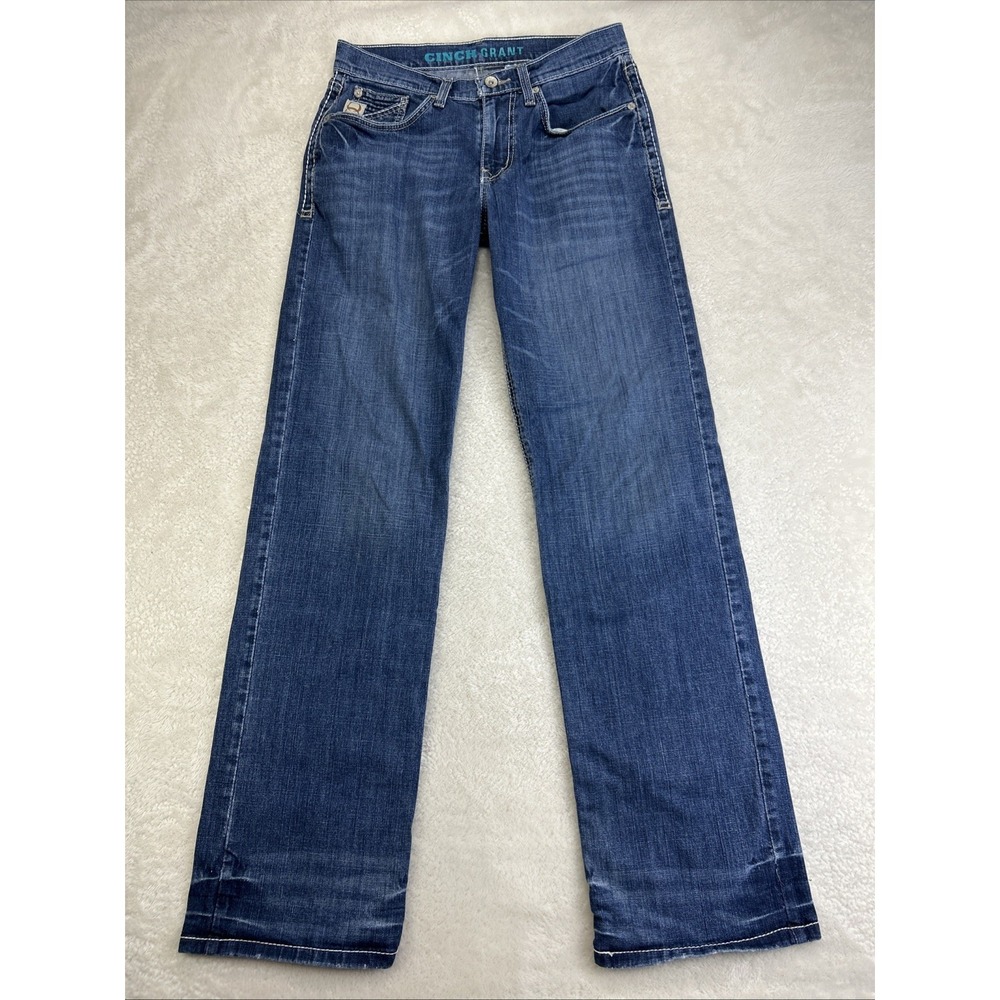 Cinch Grant Jeans Men's 30x34 Blue Medium Wash Relaxed Bootcut Whiskered Wash